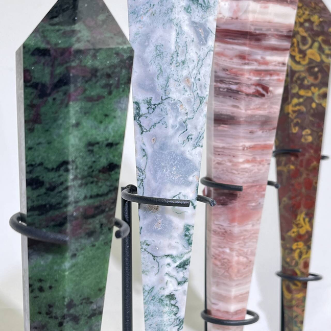 4 Types Wand with Stand Ruby Zosit,Moss Agate,Poppy Jasper,Rainbow Agate