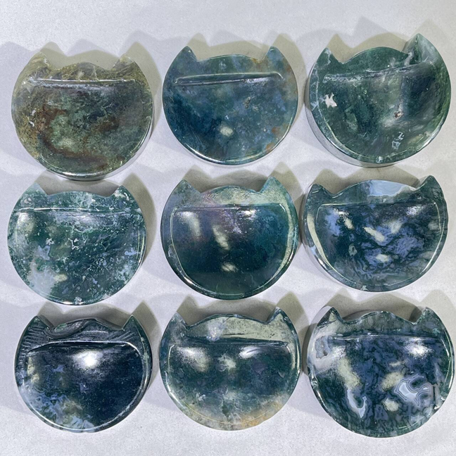 Moss Agate Cat Bowl Carving