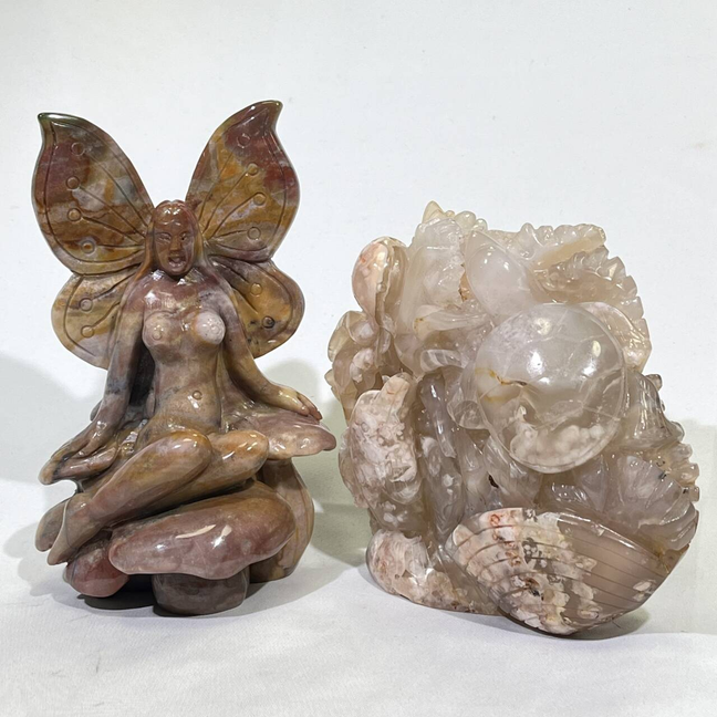 Ocean Jasper Faery and Sakura Agate Sea Animal Carving