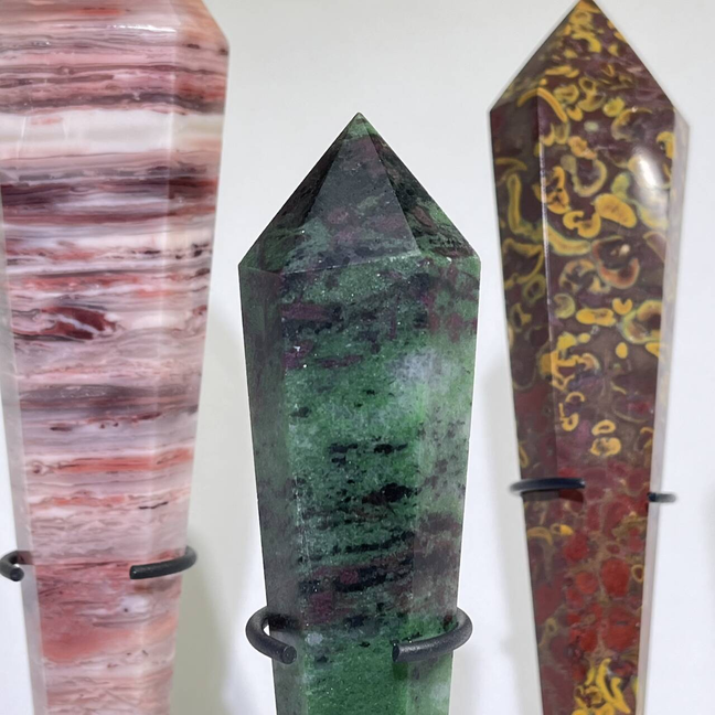 4 Types Wand with Stand Ruby Zosit,Moss Agate,Poppy Jasper,Rainbow Agate