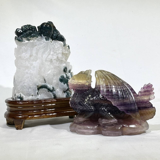 Moss Agate Sea Animal and Fluorite Fly Dragon Carving