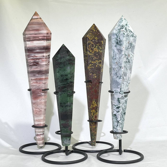 4 Types Wand with Stand Ruby Zosit,Moss Agate,Poppy Jasper,Rainbow Agate