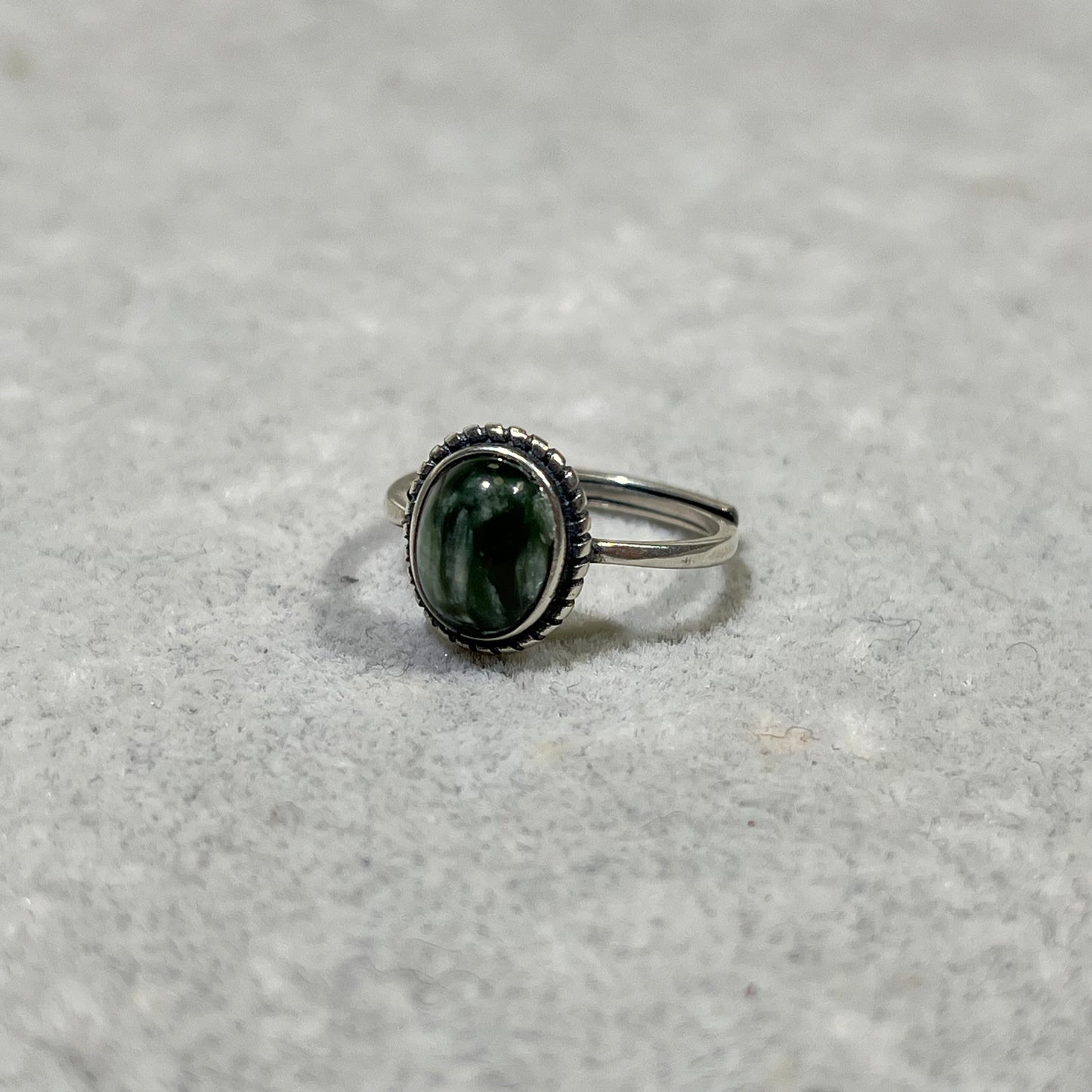 Silver Ring Seraphinite and Garnet and Gold Sun Stone and Peridot and Kunzite