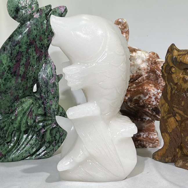 4 Types Carving Ruby Zosite Sea Dog and Yellow Jade Cat and Jade Fish and Jade Elephant