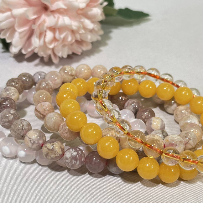 7-8mm Citrine, Yellow Jade,Pink Jade,Sakura Agate Bracelet