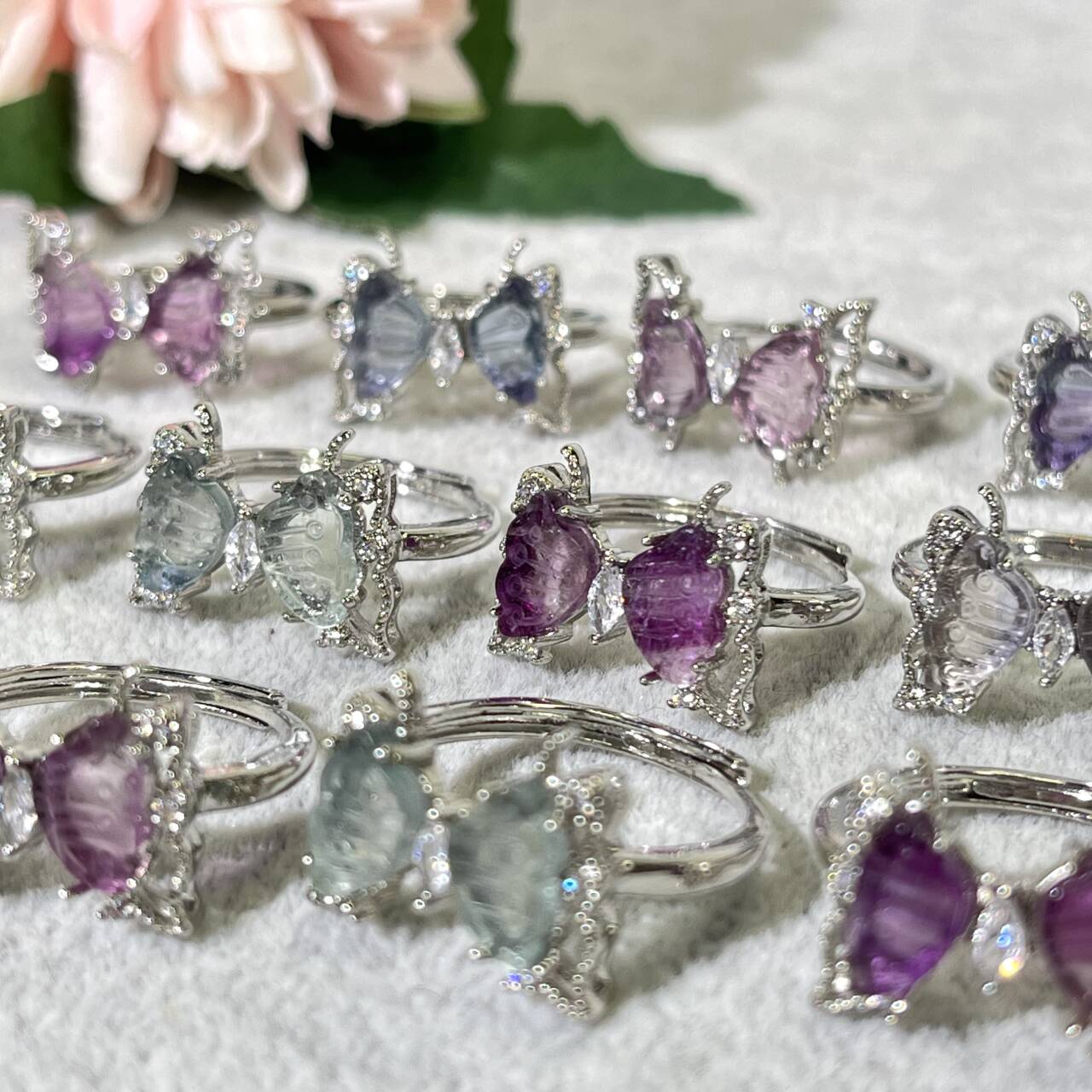 Differnet Colour Fluorite Butterfly Adjustable Ring