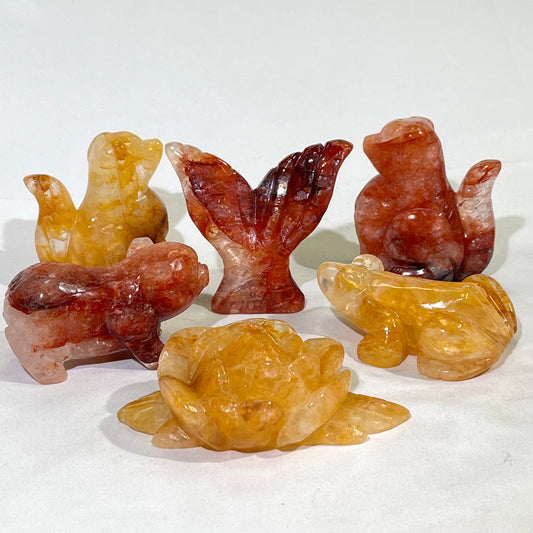 Fire Quartz and Golden Healer Dog,Pig,Mermaid Tail,Flower,Frog Carving