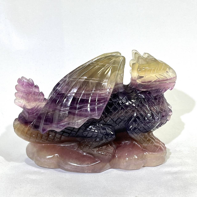 Moss Agate Sea Animal and Fluorite Fly Dragon Carving