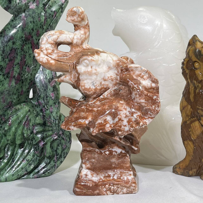 4 Types Carving Ruby Zosite Sea Dog and Yellow Jade Cat and Jade Fish and Jade Elephant