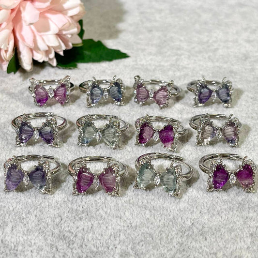 Differnet Colour Fluorite Butterfly Adjustable Ring