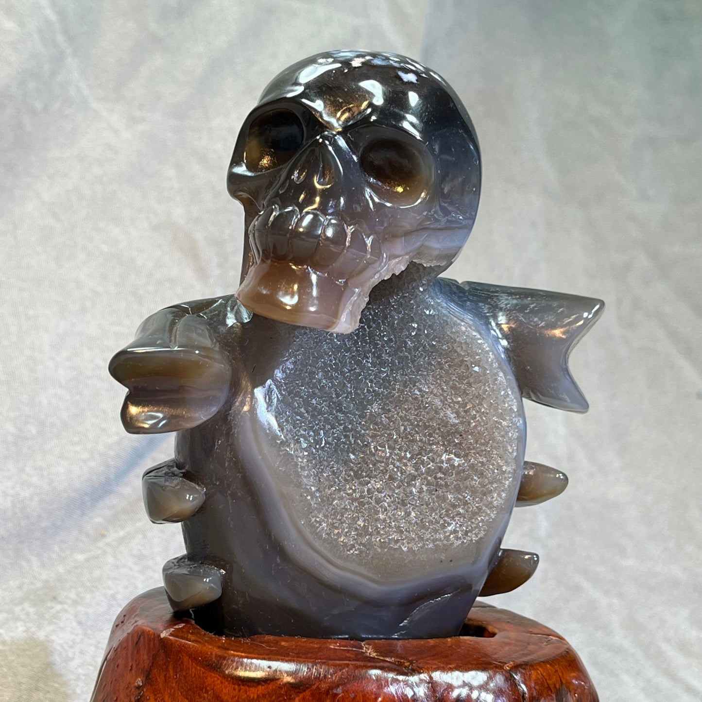 Druzy Agate Skull Carving with Stand
