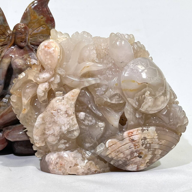 Ocean Jasper Faery and Sakura Agate Sea Animal Carving