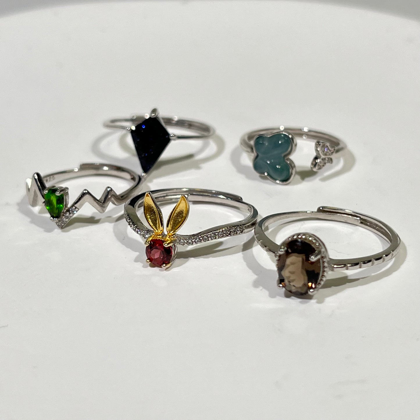 Silver Ring Blue Sand Stone and Garnetand Jade and Somky Quartz and Diopside