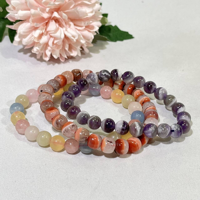 7.7-7.8mm Dream Amethyst,Red Warring Agate,Calcite Bracelet