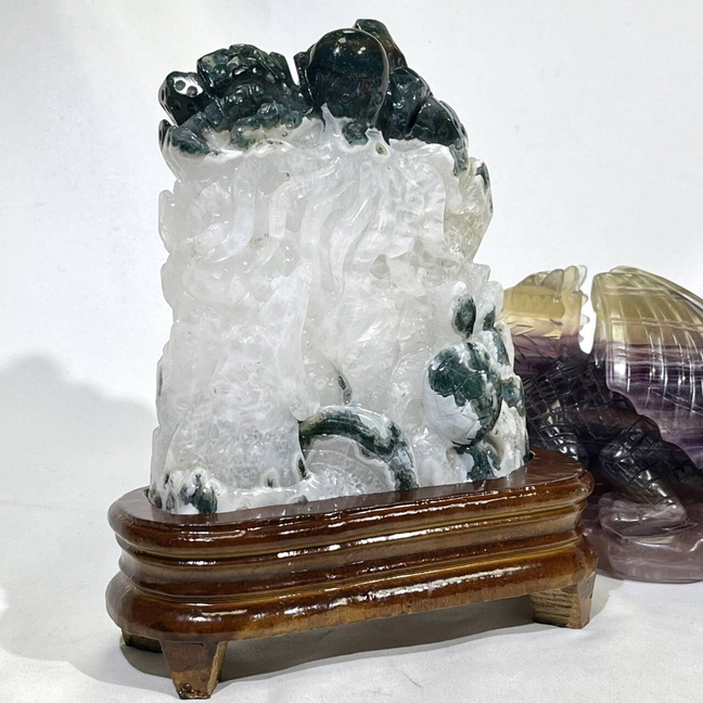 Moss Agate Sea Animal and Fluorite Fly Dragon Carving