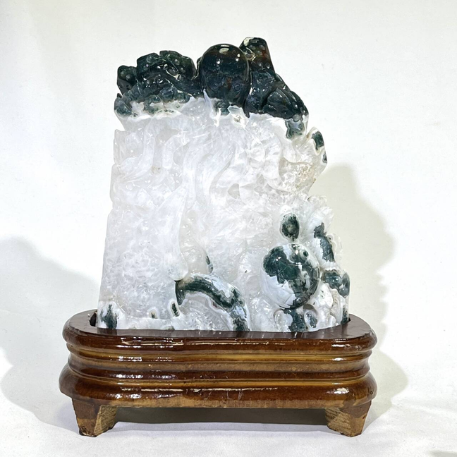 Moss Agate Sea Animal and Fluorite Fly Dragon Carving