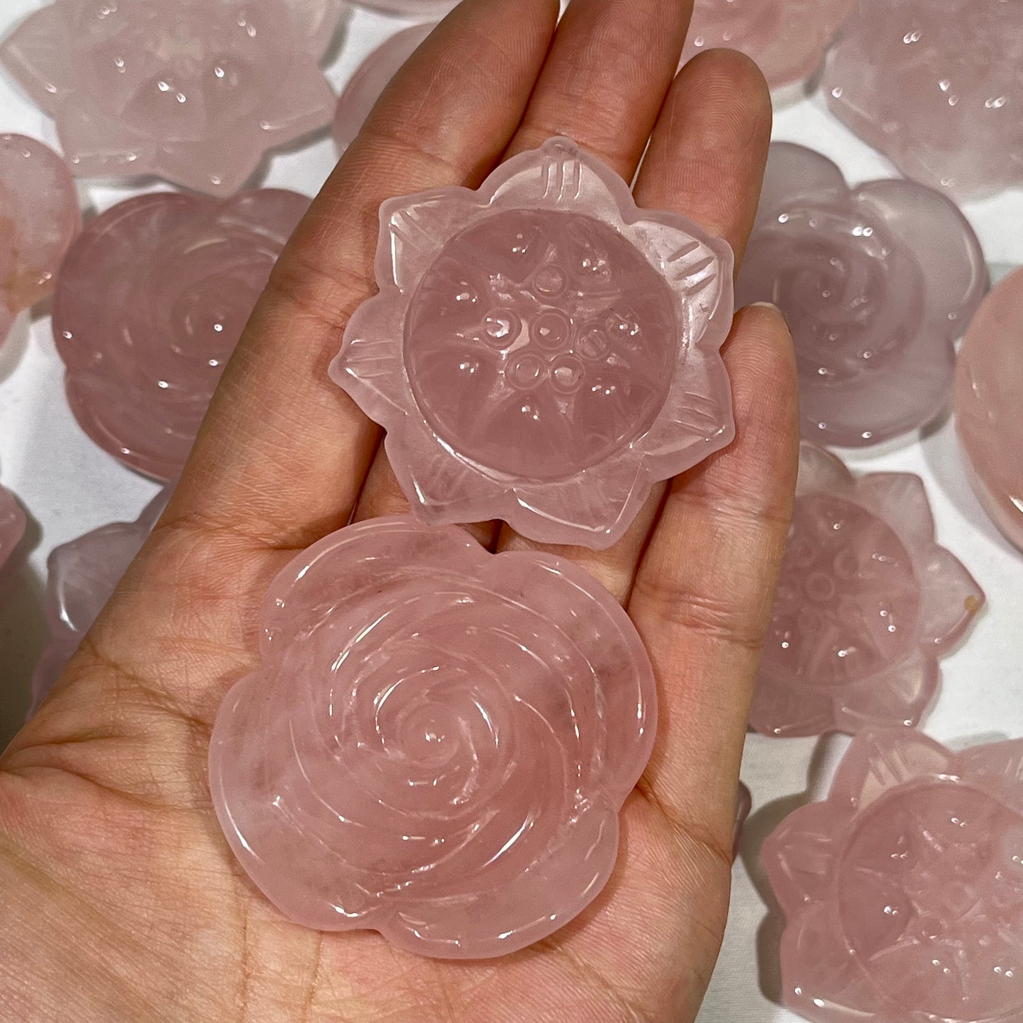2' Rose Quartz Flower and Lotus Carving