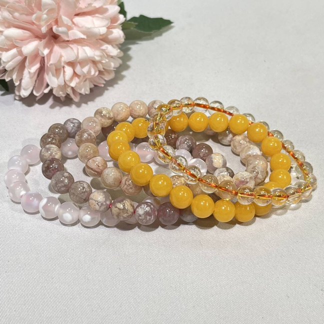 7-8mm Citrine, Yellow Jade,Pink Jade,Sakura Agate Bracelet