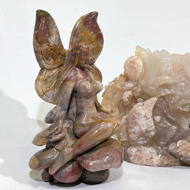 Ocean Jasper Faery and Sakura Agate Sea Animal Carving