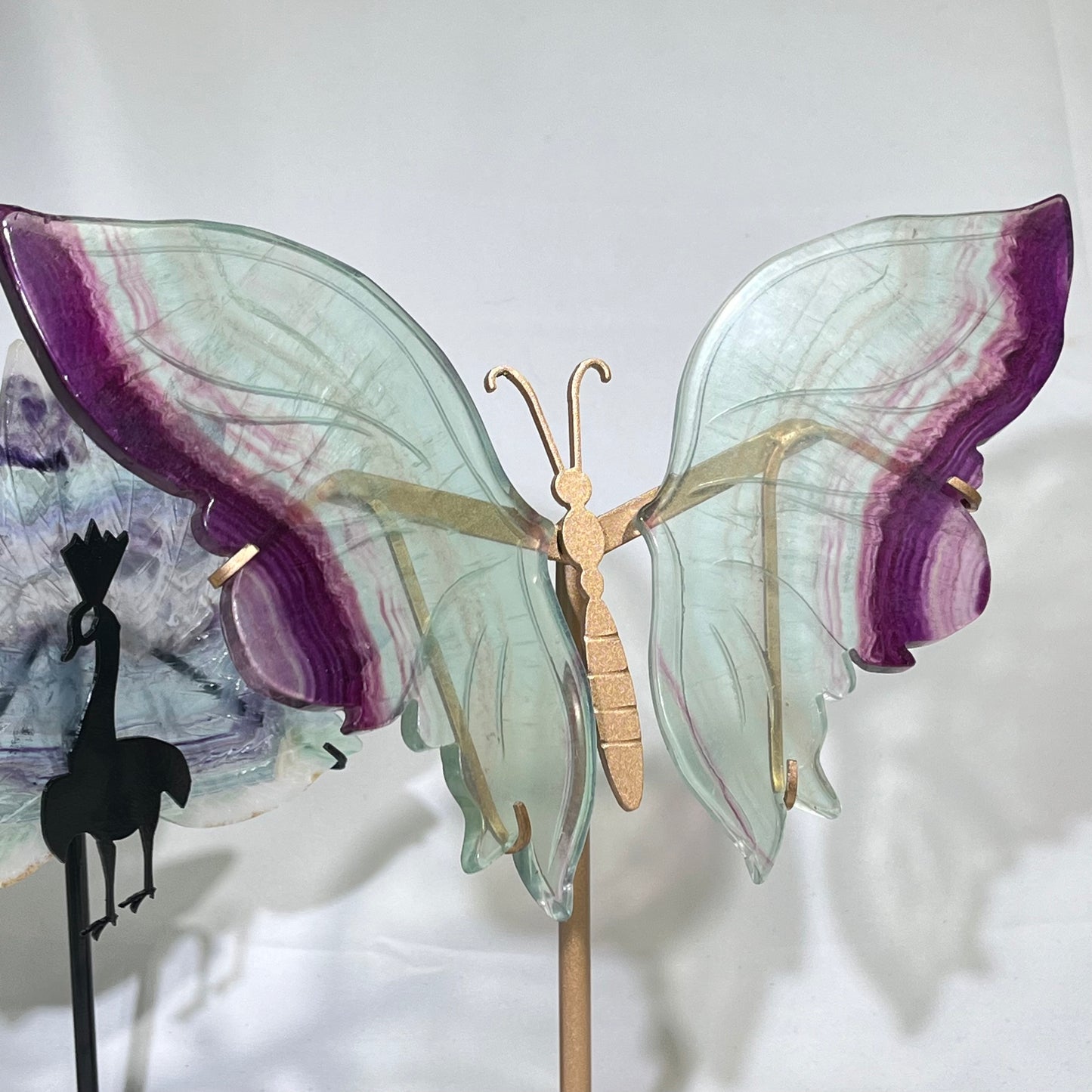 6.3'Fluorite Butterfly with Stand and 9.6'Fluorite Peacock with Stand
