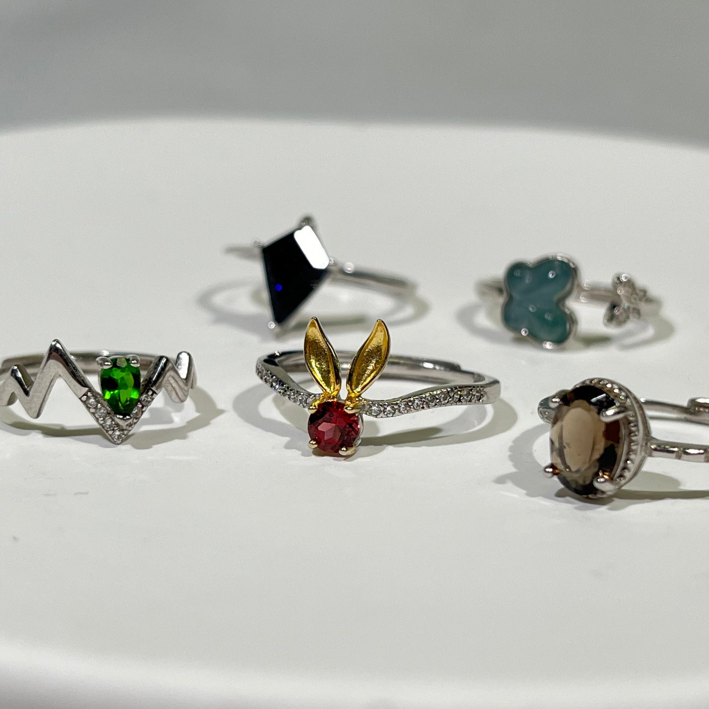 Silver Ring Blue Sand Stone and Garnetand Jade and Somky Quartz and Diopside