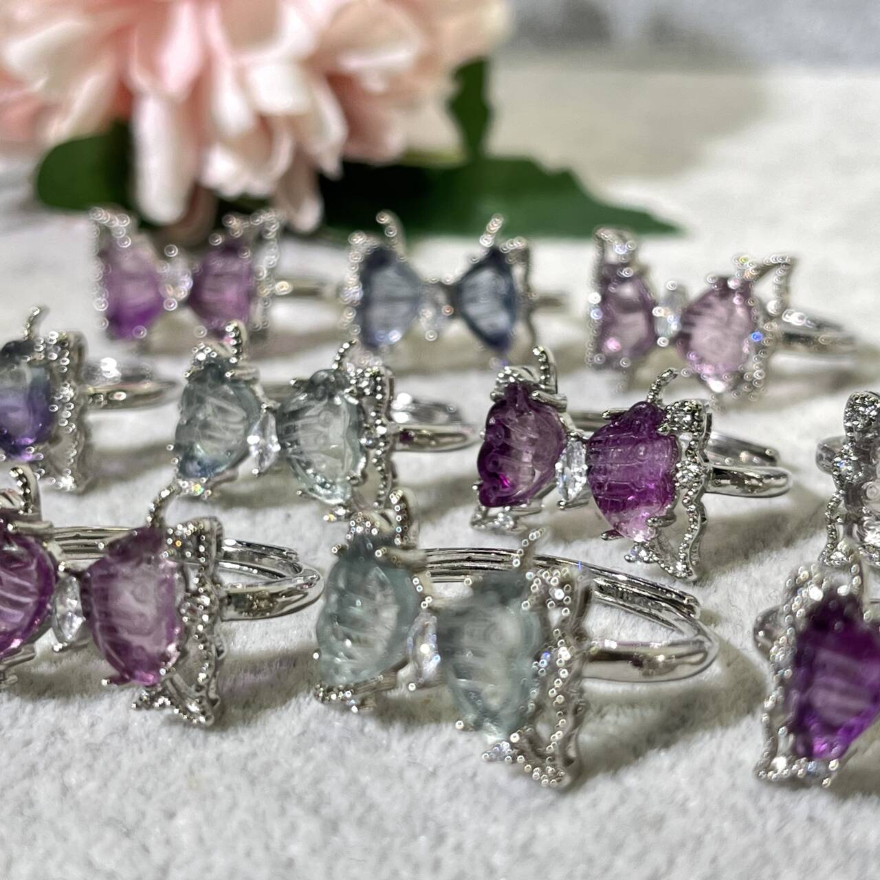 Differnet Colour Fluorite Butterfly Adjustable Ring