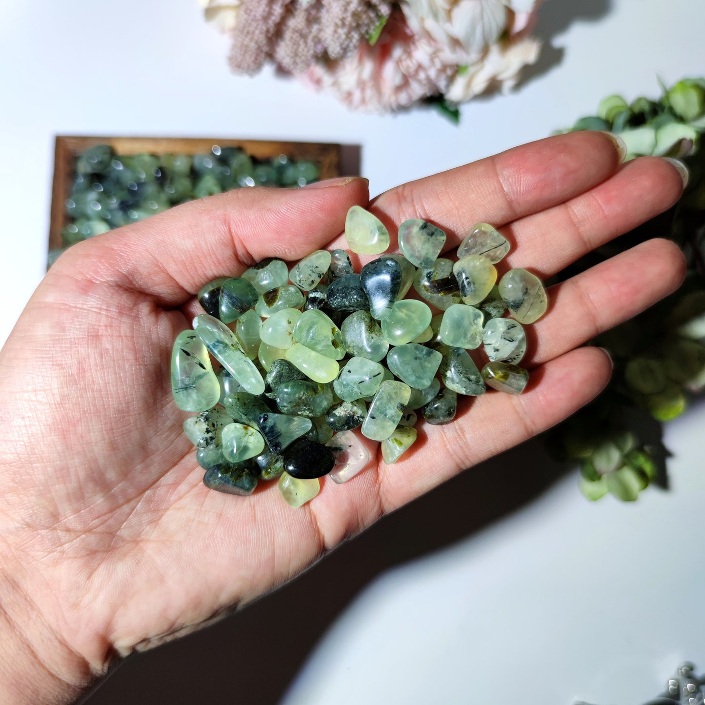 Prehnite With Tourmaline Epidote Semi Tumbled Chips,Loose Undrilled Tumbled Natural Stones,Mini Gemstones,Green Prehnite Crystal Chips