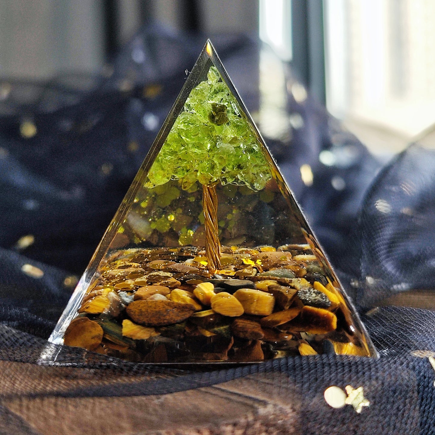 Resin  Handmade Tree of Life  Pyramid Peridot  Pyramid, Handmade Stone and Resin Pyramids, Resin Drip, Housewarming Decor,Chakras
