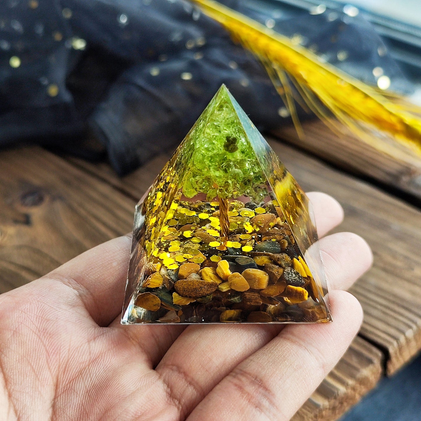 Resin  Handmade Tree of Life  Pyramid Peridot  Pyramid, Handmade Stone and Resin Pyramids, Resin Drip, Housewarming Decor,Chakras