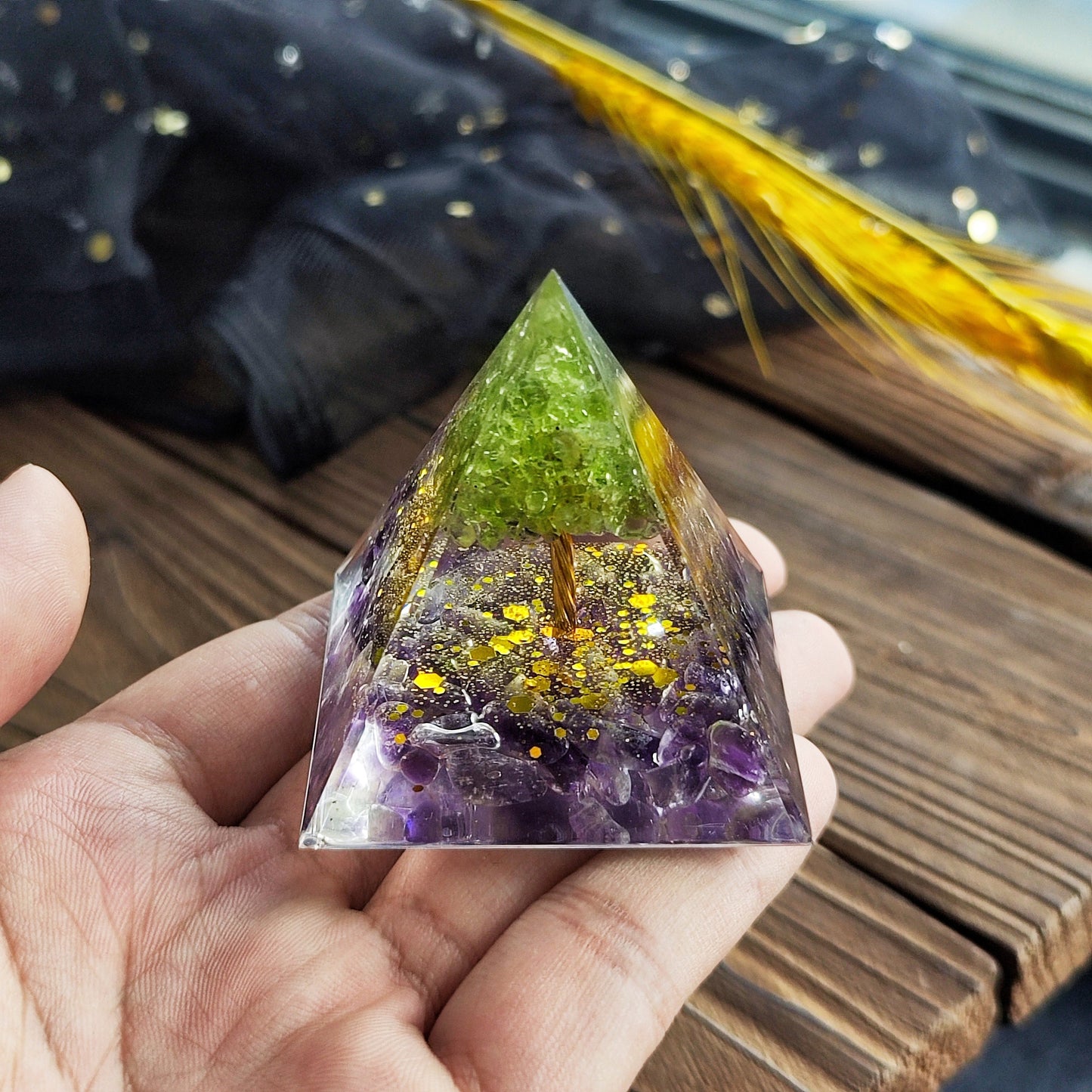 Resin Handmade Tree of Life Pyramid Peridot with Amethyst Pyramid, Handmade Stone and Resin Pyramids, Resin Drip, Housewarming Decor,Chakras