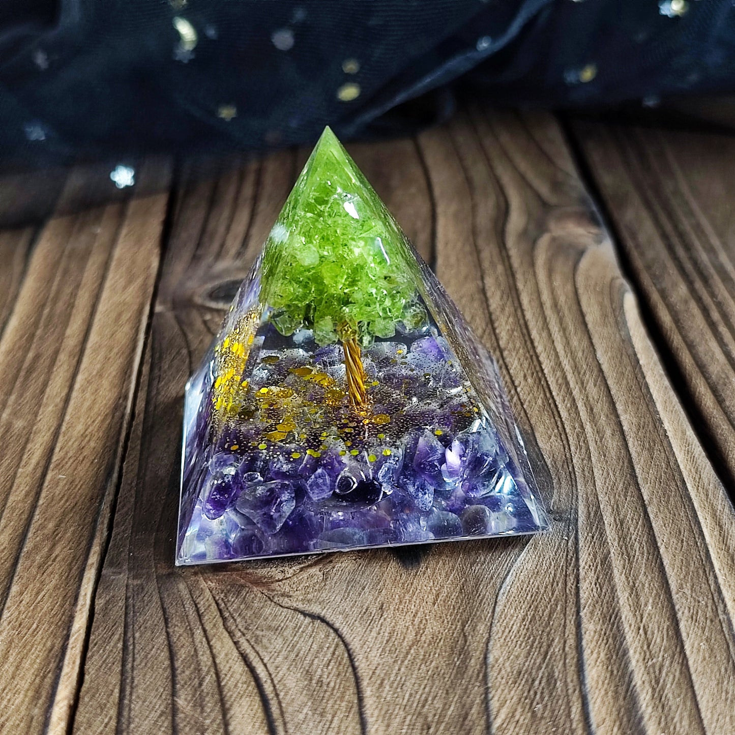 Resin Handmade Tree of Life Pyramid Peridot with Amethyst Pyramid, Handmade Stone and Resin Pyramids, Resin Drip, Housewarming Decor,Chakras