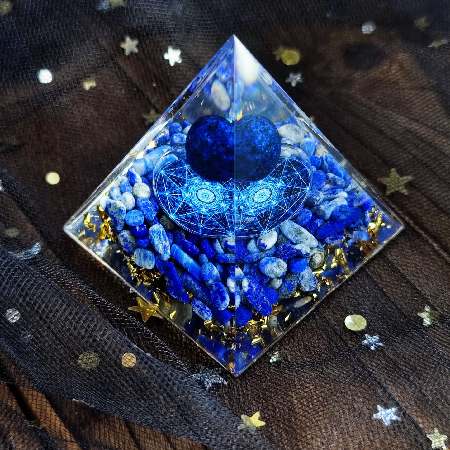 Resin  Handmade Planet with Star Pyramid,Home Office Decor Orgone Pyramid, Blue Kyanite Reiki Pyramid, Positive Energy Generator