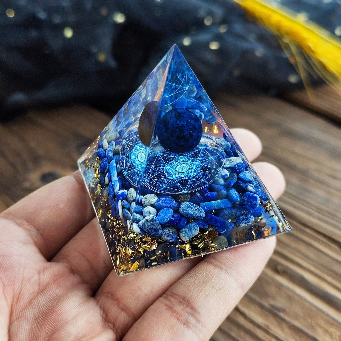 Resin  Handmade Planet with Star Pyramid,Home Office Decor Orgone Pyramid, Blue Kyanite Reiki Pyramid, Positive Energy Generator