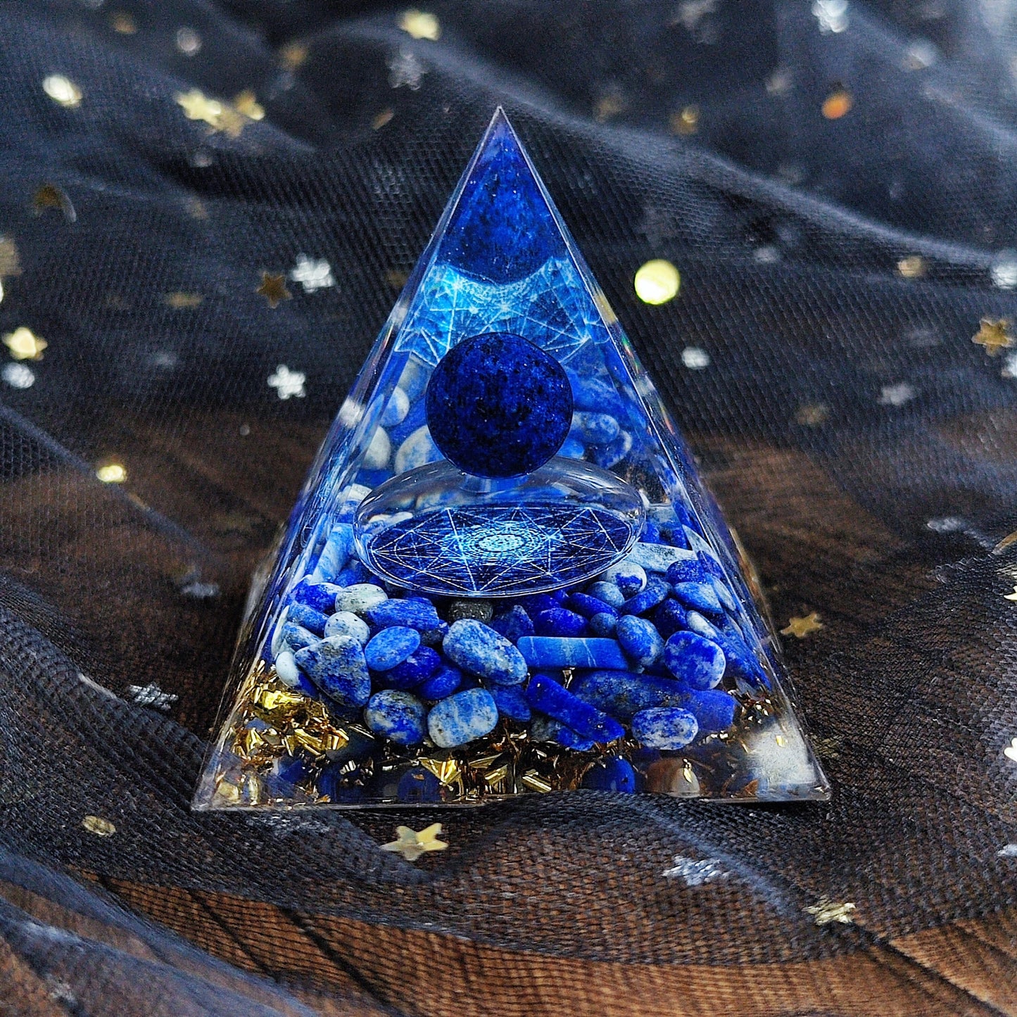 Resin  Handmade Planet with Star Pyramid,Home Office Decor Orgone Pyramid, Blue Kyanite Reiki Pyramid, Positive Energy Generator