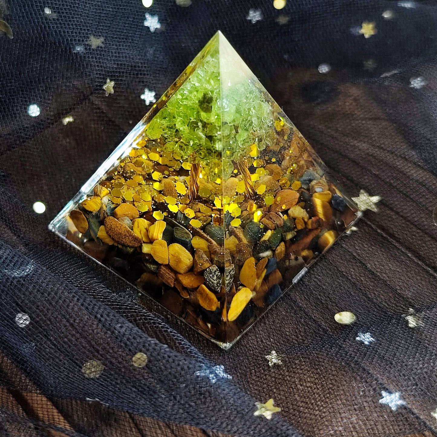 Resin  Handmade Tree of Life  Pyramid Peridot  Pyramid, Handmade Stone and Resin Pyramids, Resin Drip, Housewarming Decor,Chakras