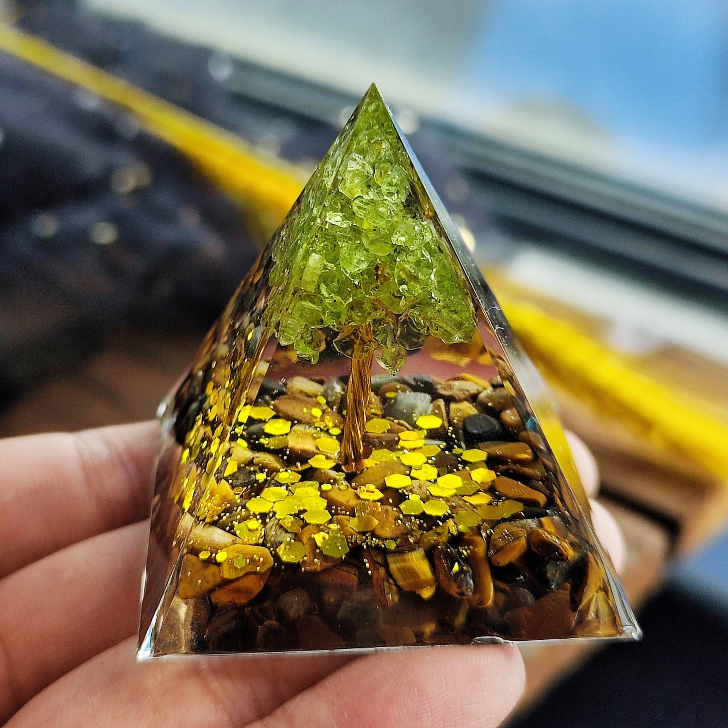 Resin  Handmade Tree of Life  Pyramid Peridot  Pyramid, Handmade Stone and Resin Pyramids, Resin Drip, Housewarming Decor,Chakras
