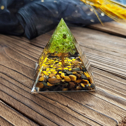 Resin  Handmade Tree of Life  Pyramid Peridot  Pyramid, Handmade Stone and Resin Pyramids, Resin Drip, Housewarming Decor,Chakras