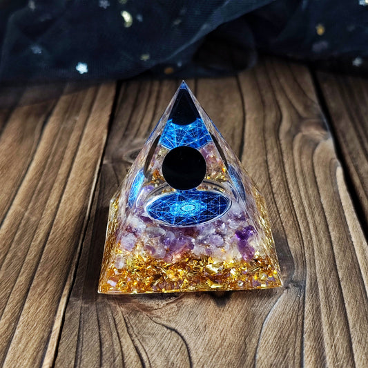 Resin Handmade Planet with Star Pyramid,Home Office Decor Orgone Pyramid, Peridot  Olivine  Reiki Pyramid, Positive Energy Generator,Chakras