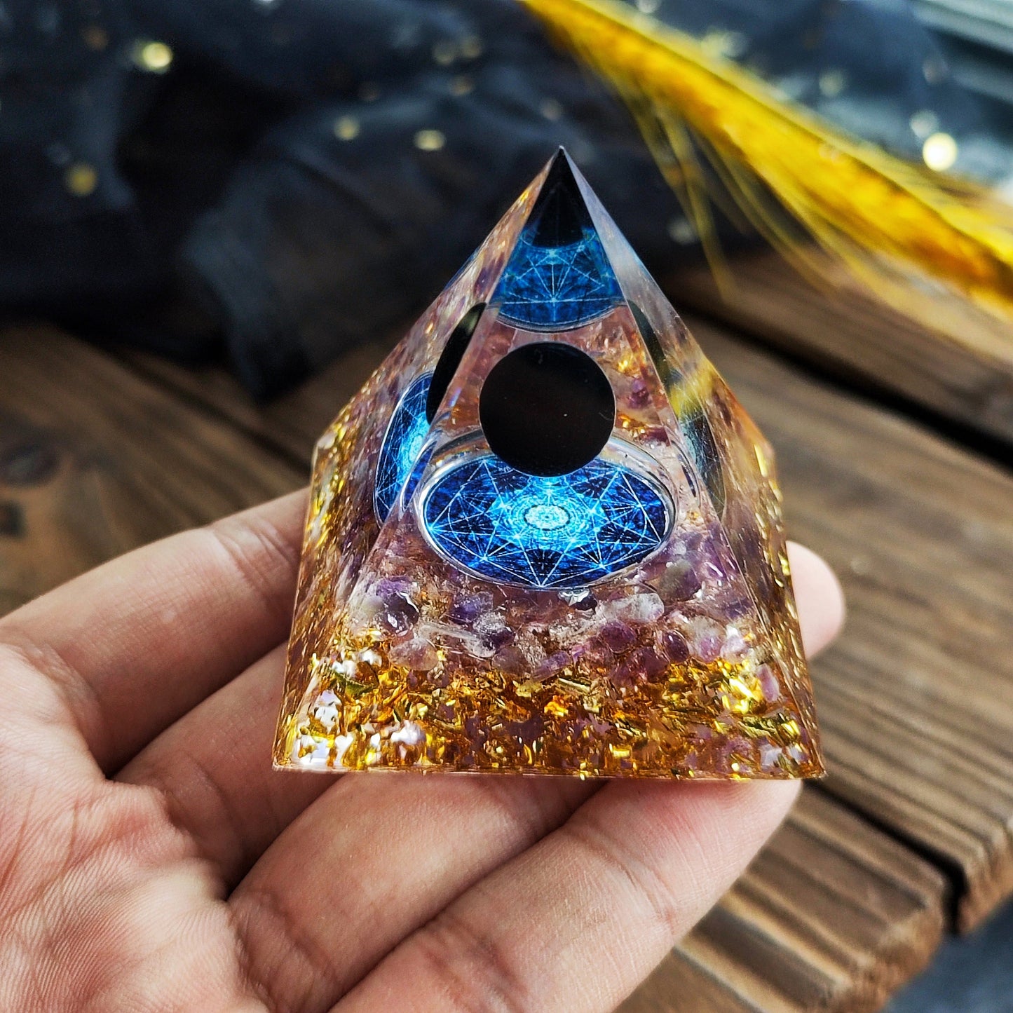 Resin Handmade Planet with Star Pyramid,Home Office Decor Orgone Pyramid, Peridot  Olivine  Reiki Pyramid, Positive Energy Generator,Chakras