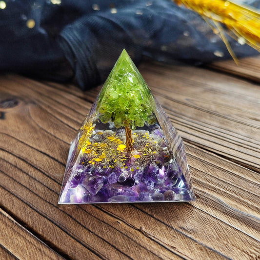 Resin Handmade Tree of Life Pyramid Peridot with Amethyst Pyramid, Handmade Stone and Resin Pyramids, Resin Drip, Housewarming Decor,Chakras