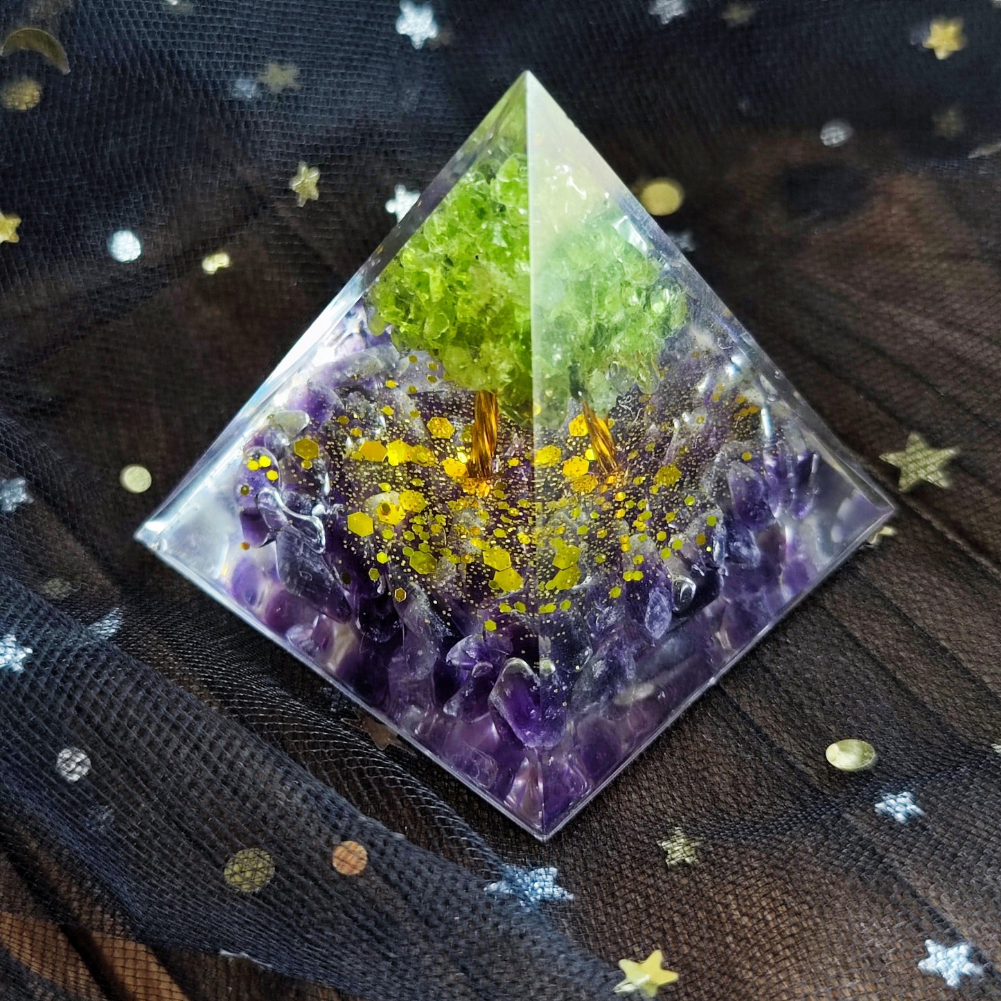 Resin Handmade Tree of Life Pyramid Peridot with Amethyst Pyramid, Handmade Stone and Resin Pyramids, Resin Drip, Housewarming Decor,Chakras