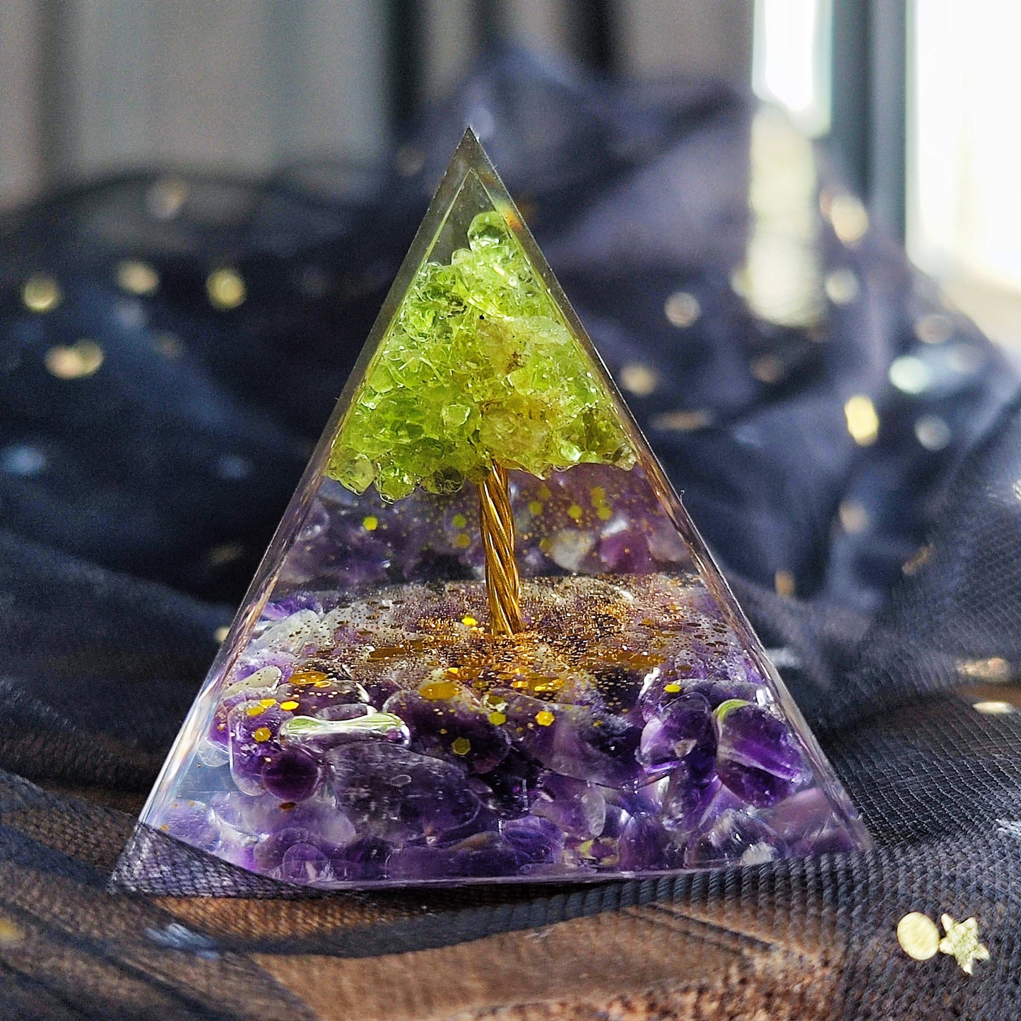 Resin Handmade Tree of Life Pyramid Peridot with Amethyst Pyramid, Handmade Stone and Resin Pyramids, Resin Drip, Housewarming Decor,Chakras