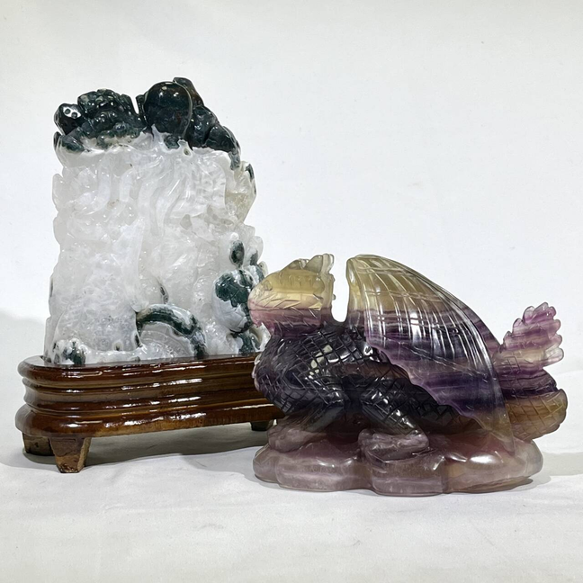 Moss Agate Sea Animal and Fluorite Fly Dragon Carving