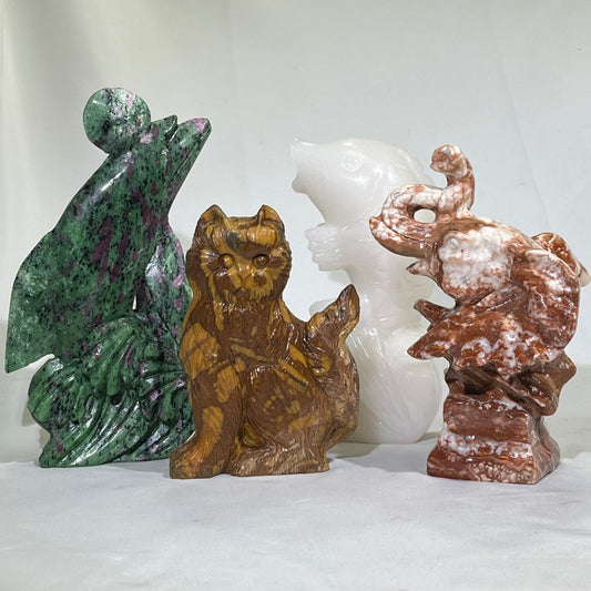 4 Types Carving Ruby Zosite Sea Dog and Yellow Jade Cat and Jade Fish and Jade Elephant