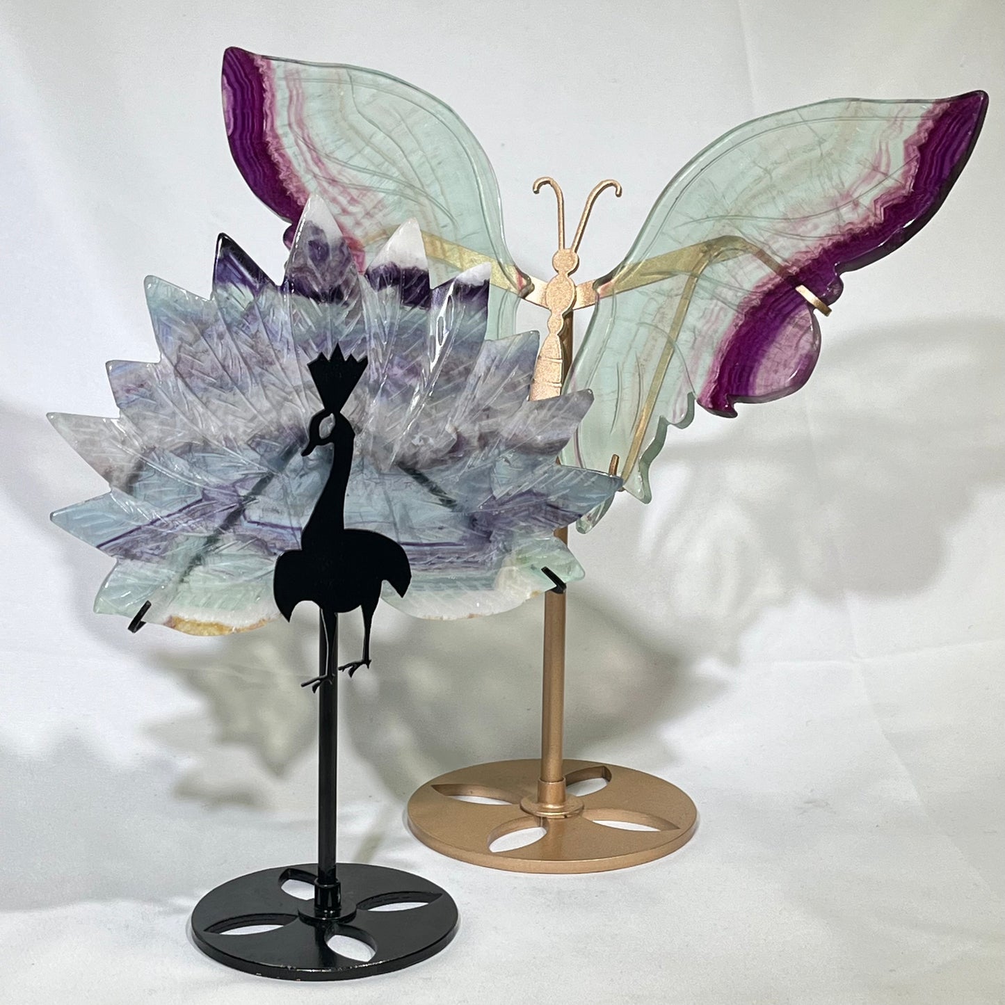 6.3'Fluorite Butterfly with Stand and 9.6'Fluorite Peacock with Stand