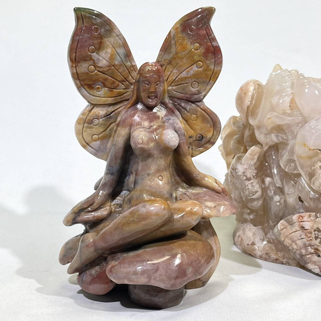 Ocean Jasper Faery and Sakura Agate Sea Animal Carving