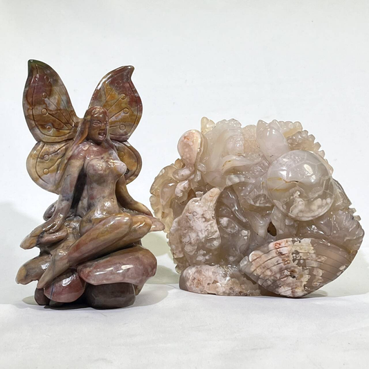Ocean Jasper Faery and Sakura Agate Sea Animal Carving