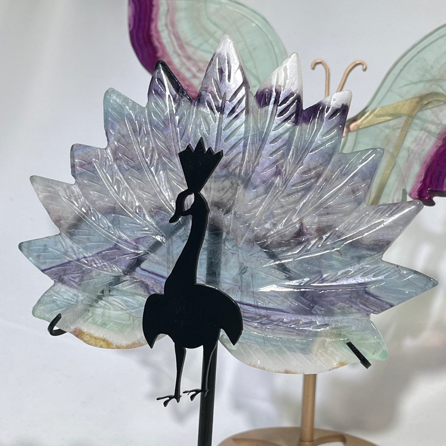 6.3'Fluorite Butterfly with Stand and 9.6'Fluorite Peacock with Stand