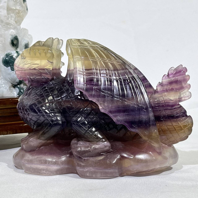 Moss Agate Sea Animal and Fluorite Fly Dragon Carving