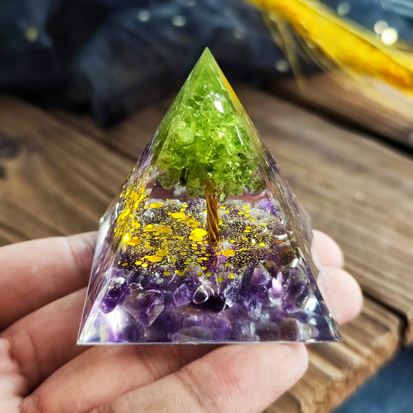 Resin Handmade Tree of Life Pyramid Peridot with Amethyst Pyramid, Handmade Stone and Resin Pyramids, Resin Drip, Housewarming Decor,Chakras